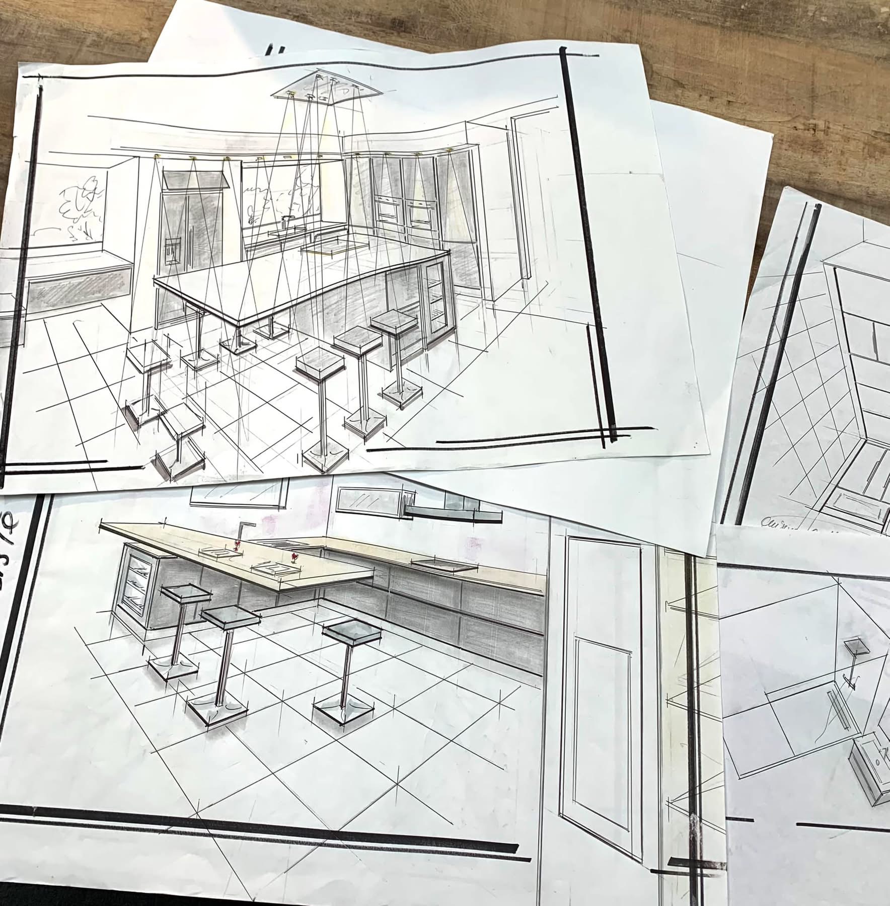 Multiples perspectives cuisine dessinées à la main au crayon — illustration architecturale sur mesure Cabinet Negotium